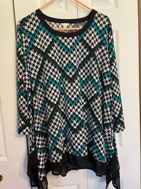 Cato Black, White & Teal Geometric Houndstooth Tunic